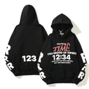 Front view of You Brood of Vipers Black Hoodie by CPFM.