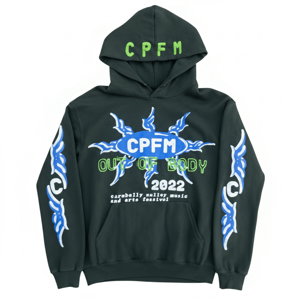 CPFM Hoodie With Out of Body front view showing bold graphic design