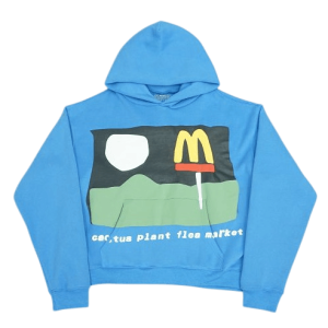 Cactus Plant Flea Market MCDONALD Blue Hoodie front view with bold graphic