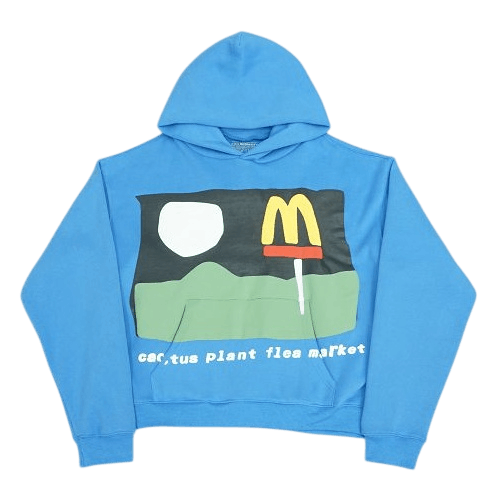 Cactus Plant Flea Market MCDONALD Blue Hoodie front view with bold graphic