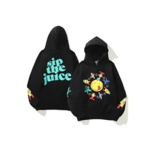 Sip the Juice Black hoodie front view with bold chest graphic