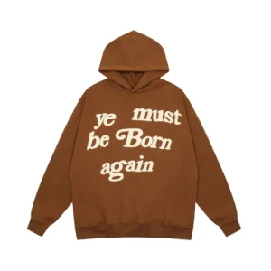 Front view of Ye Must be Born Again Brown Urban Unique Hoodie with bold chest graphic