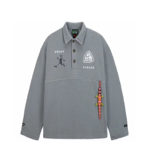 CPFM x Nike ACG L/S Polo Grey Fleece front view showing polo collar and grey fleece fabric